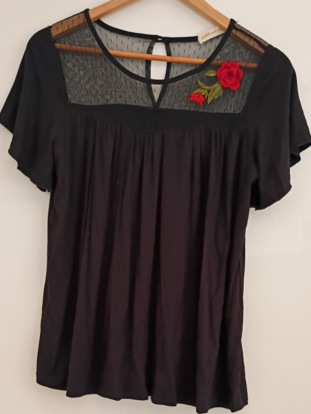 pebble and stone Black Blouse with Red Floral Patch